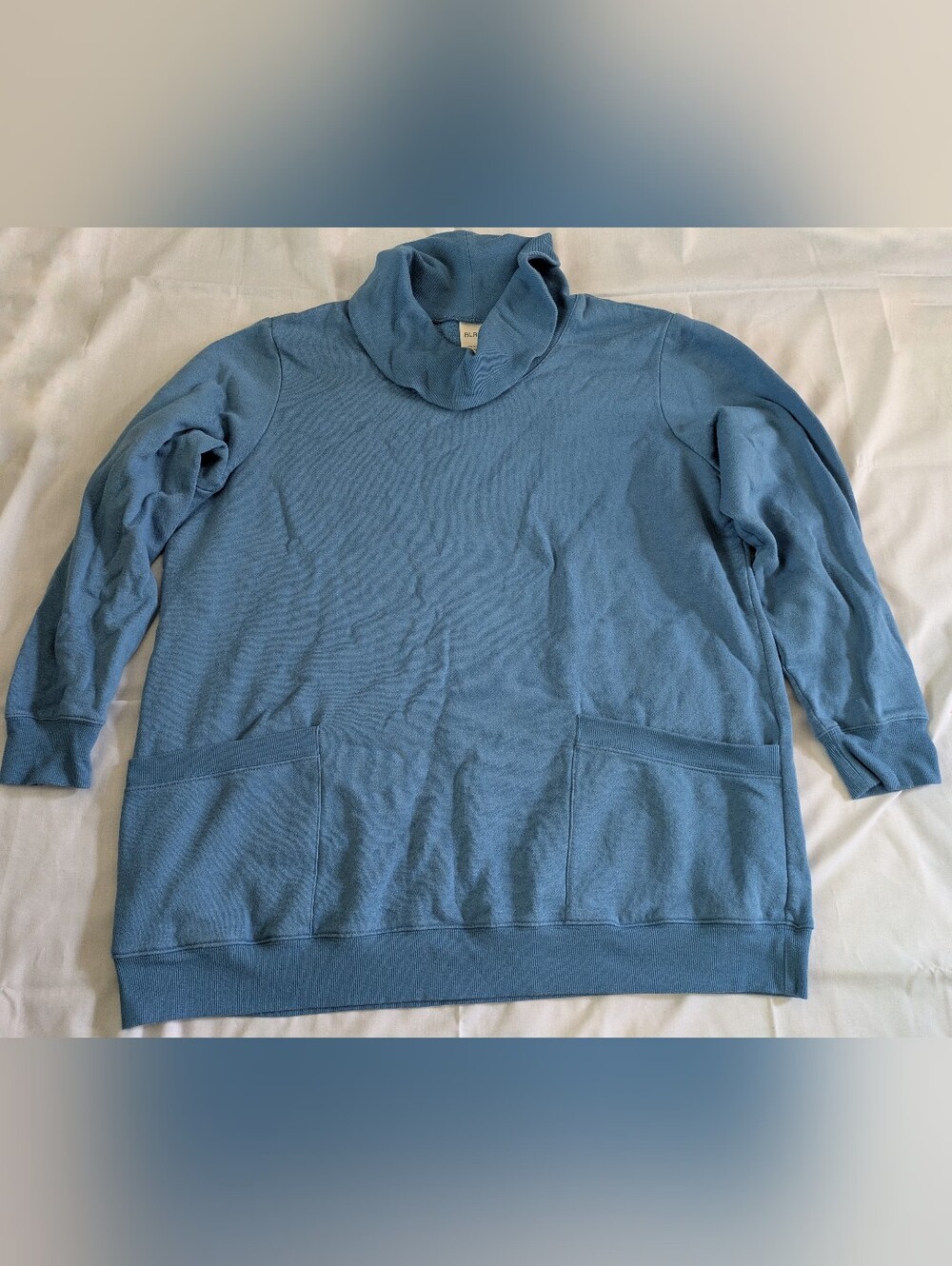 Blue 3/4 Sleeve Cowl Turtleneck Pullover Sweatshirt With Pockets